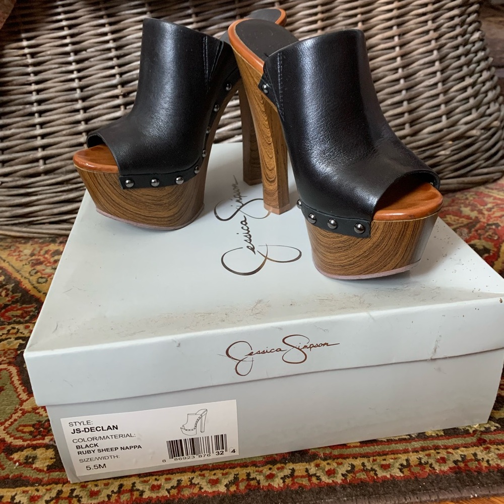 Jessica Simpson Black Leather Platform Mule Sandals with Wood-Look Heel
